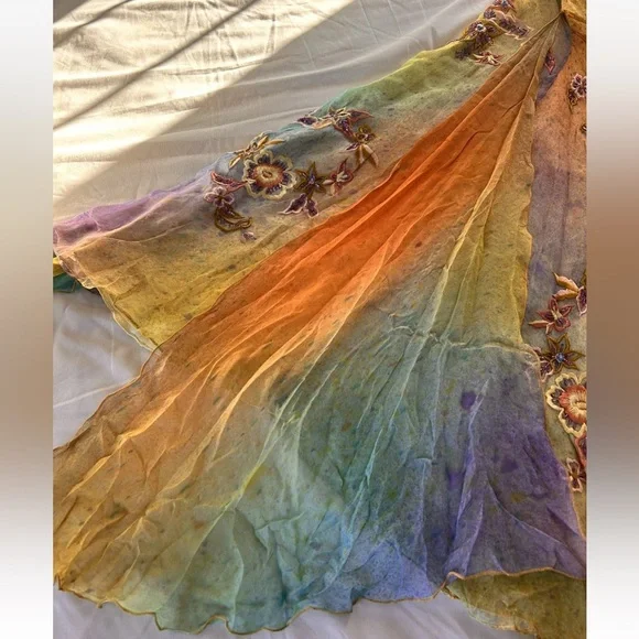 Vintage 100% Silk Dress Vintage Cache Rainbow Dress Prom Vintage Beaded Dress - Picture 9 of 17